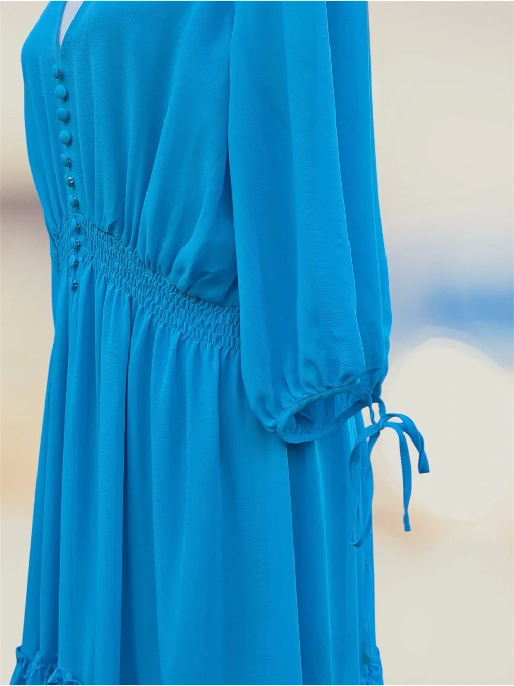Taylor Turquoise Chiffon 3/4 Ballon Sleeve Ruffle Hem Midi Swing Dress, L